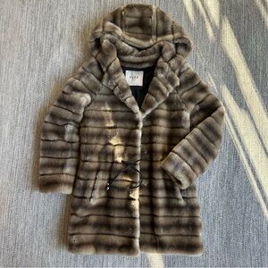 FUZZ NOT FUR  animal print faux fur two-tone hooded coat , lightly worn